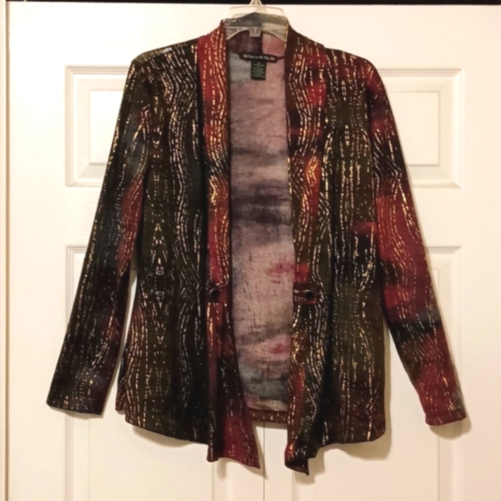 Suzie In The City Women's Open Front Red Green Gold Metallic Jacket Sz M